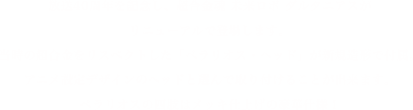 放送40周年を記念し、超合金魂 未来ロボ ダルタニアスがリニューアルで登場します。当時の超合金をリスペクトした「ベラリオス・ヘッド」が新規造形で付属。アニメ設定デザインのヘッドと選んで取り付けることが出来ます。ベラリオスの四肢はメッキ仕上げの豪華仕様！